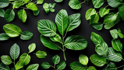 Wall Mural - Vibrant collection of assorted green leaves isolated on a dark background for nature, botanical, and design themes.