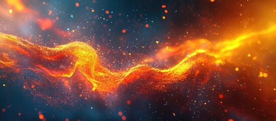 Leinwandbilder - Dynamic abstract animation featuring flowing luminous orange and gold particles against a dark blue background with vibrant motion and shimmering effects.