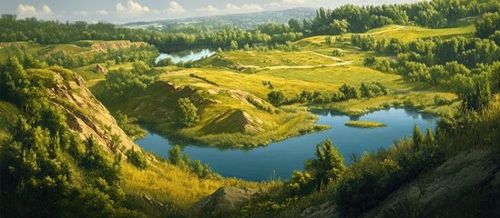 Aufkleber - Serene landscape with rolling green hills, lush trees, a winding river reflecting the sky, under a bright blue sky with fluffy clouds.