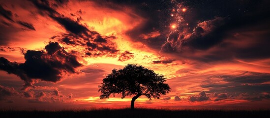Poster - Vibrant sunset sky with dramatic orange and purple clouds silhouetting a lone tree in the foreground, creating a mesmerizing landscape.