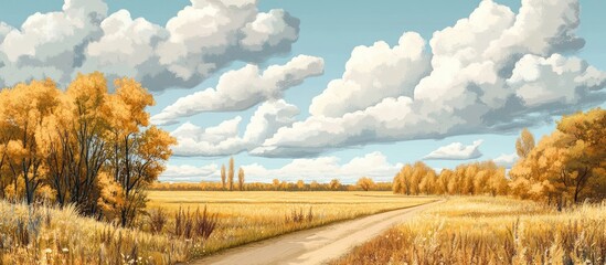 Poster - Panoramic view of an autumn rural landscape featuring golden fields, a winding dirt road, and dramatic clouds against a blue sky.
