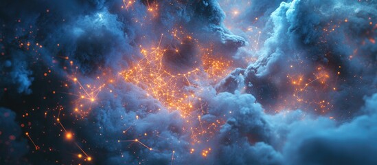 Fototapete - Luminous network of glowing connections in a blue and orange cloud with intricate details and soft edges illustrating complexity and relationships