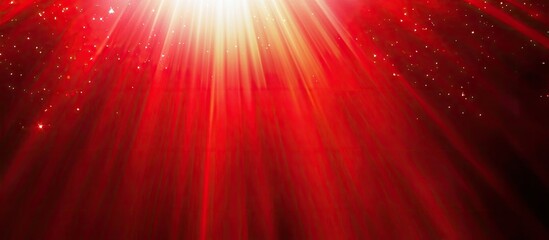 Fototapete - Abstract radiant red sun flare with bright beams extending downward against a dark background, featuring sparkles and gradients throughout the image.