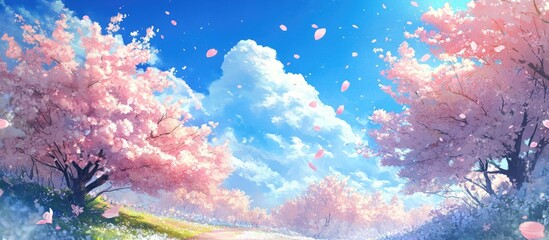 Poster - Blossoming almond trees with soft pink flowers against a vibrant blue sky and fluffy white clouds, creating a tranquil spring atmosphere.