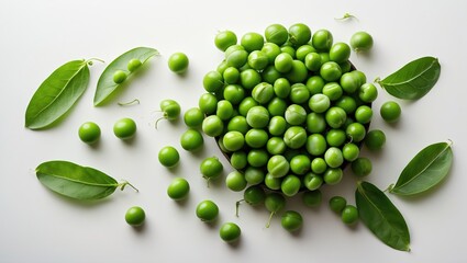 Canvas Print - Fresh green peas with leaves arranged on a white background showcasing natural vibrant color and texture for culinary and health concepts.