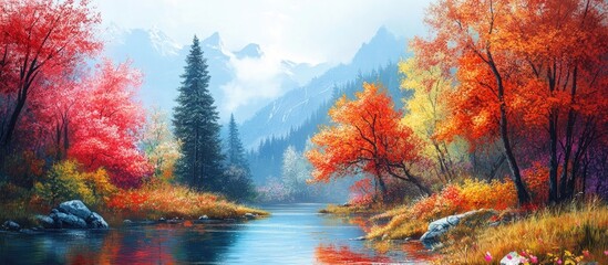 Poster - Serene autumn landscape featuring vibrant orange and red foliage on both sides of a tranquil river with distant mountains under a soft blue sky.