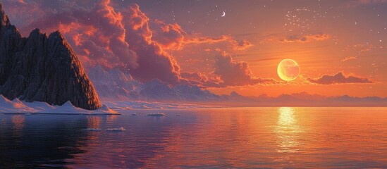 Poster - Serene twilight landscape with vibrant orange and violet skies reflecting on calm sea surface, accompanied by a glowing moon and rugged mountains.