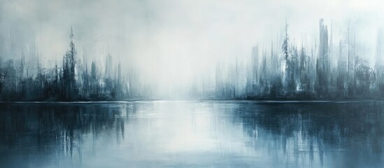 Poster - Mystical blue and grey landscape with foggy water reflection and abstract silhouettes of trees in the background, evoking calm and serenity.