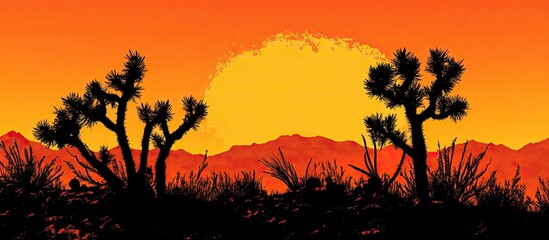 Poster - Vibrant desert sunset with shades of orange and yellow highlighting silhouette of cacti against dark rocky foreground and layered mountain backdrop.