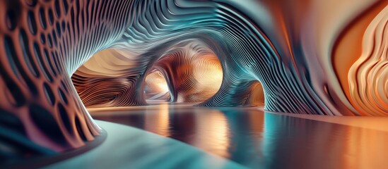 Fototapete - Abstract technology tunnel with blurred perspective in vibrant blue and orange tones; fluid shapes lead towards a distant illuminated focal point.