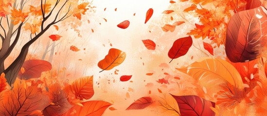 Aufkleber - Autumn leaves swirl in shades of orange and red against a soft white background evoking a spooky yet vibrant fall atmosphere.