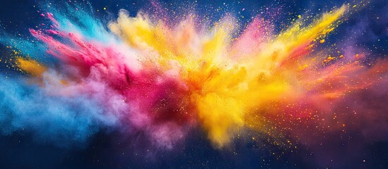Aufkleber - Vibrant explosion of colorful powders in shades of pink, yellow, blue and purple against a deep blue background creating a dynamic visual impact