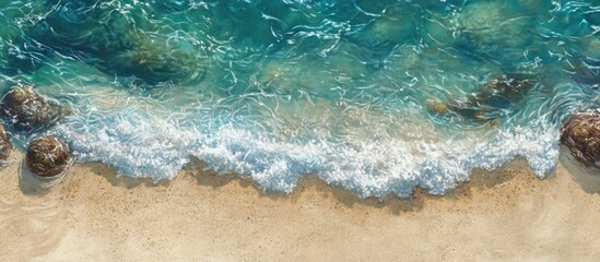 Aufkleber - Aerial view of turquoise ocean waves gently crashing on sandy beach with rocks visible in the clear water and bright sunlight illuminating the scene