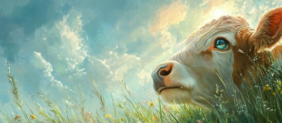 Aufkleber - A serene summer meadow with lush green grass and a close-up of a cow's eye against a bright, cloud-filled sky showcasing nature's beauty.