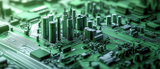 Fototapete - Futuristic cityscape on a green circuit board with towering structures and a soft focus, emphasizing technology and innovation.