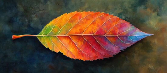 Aufkleber - Vibrant autumn leaf in hues of red, orange, yellow, and green, centered on a dark, textured background, showcasing nature's seasonal transition.