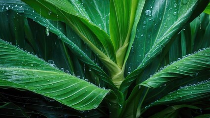 Sticker - Lush green taro leaves glistening with water droplets create a serene natural backdrop perfect for mobile wallpaper and botanical decor.