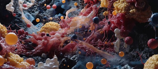 Leinwandbilder - Colorful abstract organic patterns with red, yellow, blue, and white elements in fluid motion, creating a vibrant textured background.