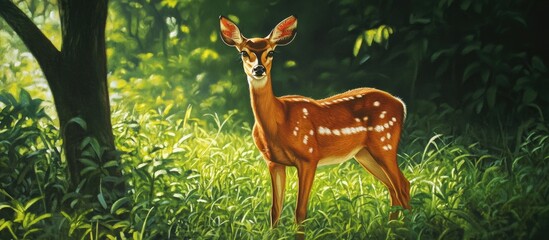 Poster - Graceful African deer with spotted fur stands elegantly in vibrant green grass, surrounded by soft sunlight filtering through leaves.