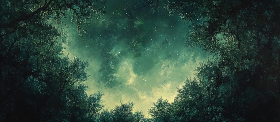 Poster - Aerial view of lush dark green forest framing a mystical green night sky filled with clouds and stars creating an enchanting natural scene