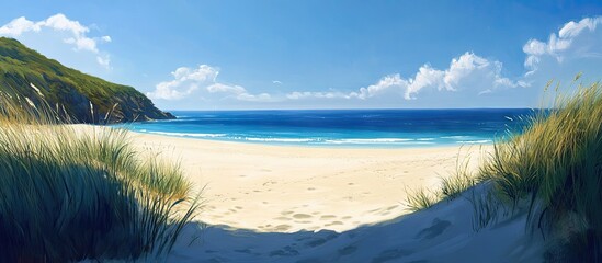 Aufkleber - Serene beach landscape with turquoise water and a clear blue sky, soft white sand framed by lush green grass and rolling hills in the background.