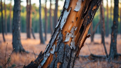 Wall Mural - Aging pine tree with peeling bark in a serene forest setting showcasing soft winter light and warm earthy tones.