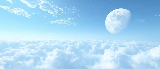 Poster - Lunar panorama featuring a full moon against a vibrant blue sky, with fluffy white clouds positioned across the lower image for a serene atmosphere.
