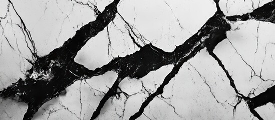 Fototapete - Aerial view of a black and white marble surface with intricate veins and patterns highlighting the contrast between deep black and bright white elements