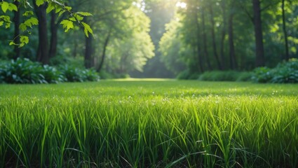 Sticker - Lush green grass in a tranquil forest clearing illuminated by soft sunlight creating a serene and peaceful natural environment.