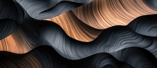 Poster - Contemporary art wallpaper design featuring 3D anthracite shapes in black and brown, with smooth wood grain textures in a wavy formation.