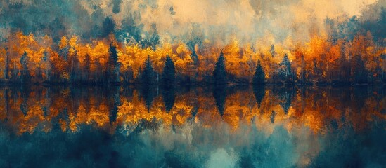 Poster - Colorful autumn landscape with vibrant orange and yellow trees reflecting in calm blue lake under a dramatic cloudy sky.