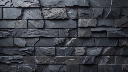 Wall Mural - dark textured stone wall background in varying sizes and shapes of slate and granite stones arranged