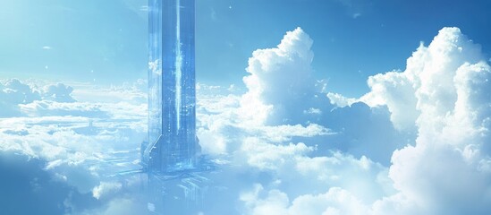 Aufkleber - Futuristic transparent tower rising through bright white clouds against a serene blue sky creating a tranquil and ethereal atmosphere.