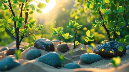 Sticker - Vibrant green leaves sprouting from sandy soil adorned with stones, basking in the warm glow of morning sunlight. A serene nature scene.