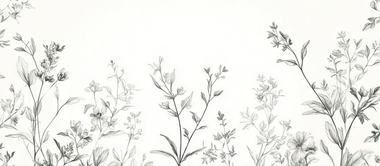 Fototapete - Vintage floral design featuring intricate details in muted gray tones set against a clean white background showcasing elegant botanical patterns.