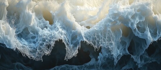 Poster - Dynamic ocean waves crashing with frothy white foam against a deep blue sea, showcasing shades of turquoise and creamy beige in detailed texture.