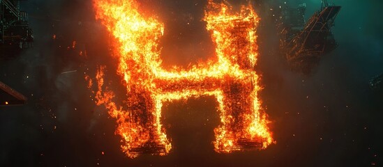Aufkleber - Fiery capital letter H glowing in vibrant orange and yellow hues against a dark background, symbolizing energy and intensity of flames.