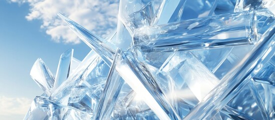 Aufkleber - Shimmering transparent ice crystals against a clear blue sky with soft clouds, creating a serene natural landscape reflecting light elegantly.