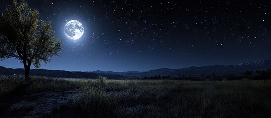 Aufkleber - Bright full moon illuminating a serene night sky with scattered stars, a silhouette of a lone tree on the left against distant mountains