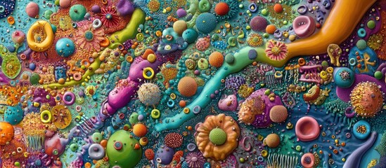 Aufkleber - Colorful abstract representation of microorganisms in vibrant hues, featuring swirling shapes and circular forms against a textured background.