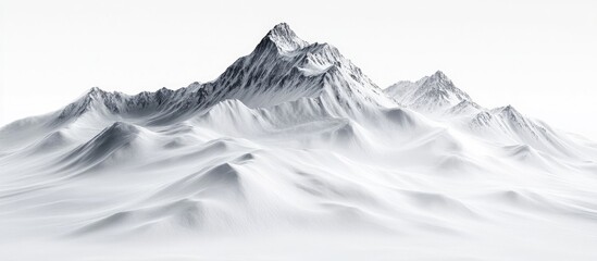 Poster - Majestic snow-covered mountain range with peaks in the center against a bright white background showcasing soft textures and smooth contours.