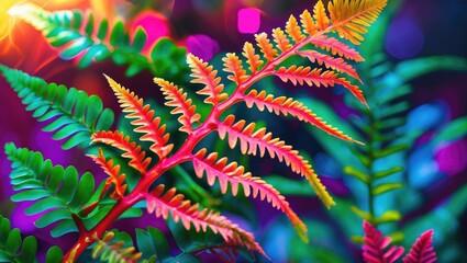 Wall Mural - Vibrant Fern Leaves with Colorful Background in Close-Up Photography