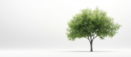 Poster - Lush green apple tree positioned left against a soft white background creating a serene and minimalistic atmosphere ideal for nature themes