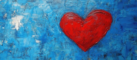 Aufkleber - Red heart on a vibrant blue background with textured strokes, featuring a central heart shape slightly off-center for artistic balance.