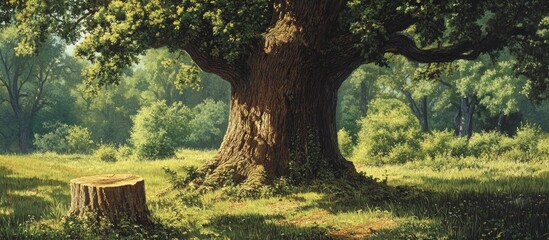 Aufkleber - Ancient oak tree trunk stands prominently in a verdant forest with a lush meadow nearby featuring a tree stump under soft natural light