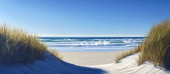 Aufkleber - Serene beach landscape showcasing soft white sand and gentle rolling waves under a clear bright blue sky framed by lush green grass on both sides