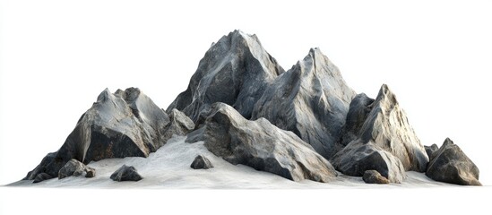 Poster - Mountain landscape with jagged peaks in gray tones on isolated white background showcasing rocky texture and varying elevations for natural scenery.