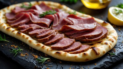 Wall Mural - Freshly baked Greek flatbread topped with savory sliced meat, garnished with herbs and lemon, presented on a dark slate background.