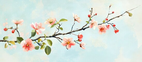 Aufkleber - Decorative branch with vibrant pink blossoms and emerging buds against a soft blue background, highlighting the freshness of spring flowers.