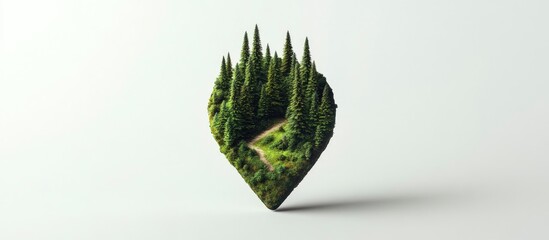 Aufkleber - Green heart-shaped forest landscape with pine trees and a winding path in the center, soft focus on a light gray background.
